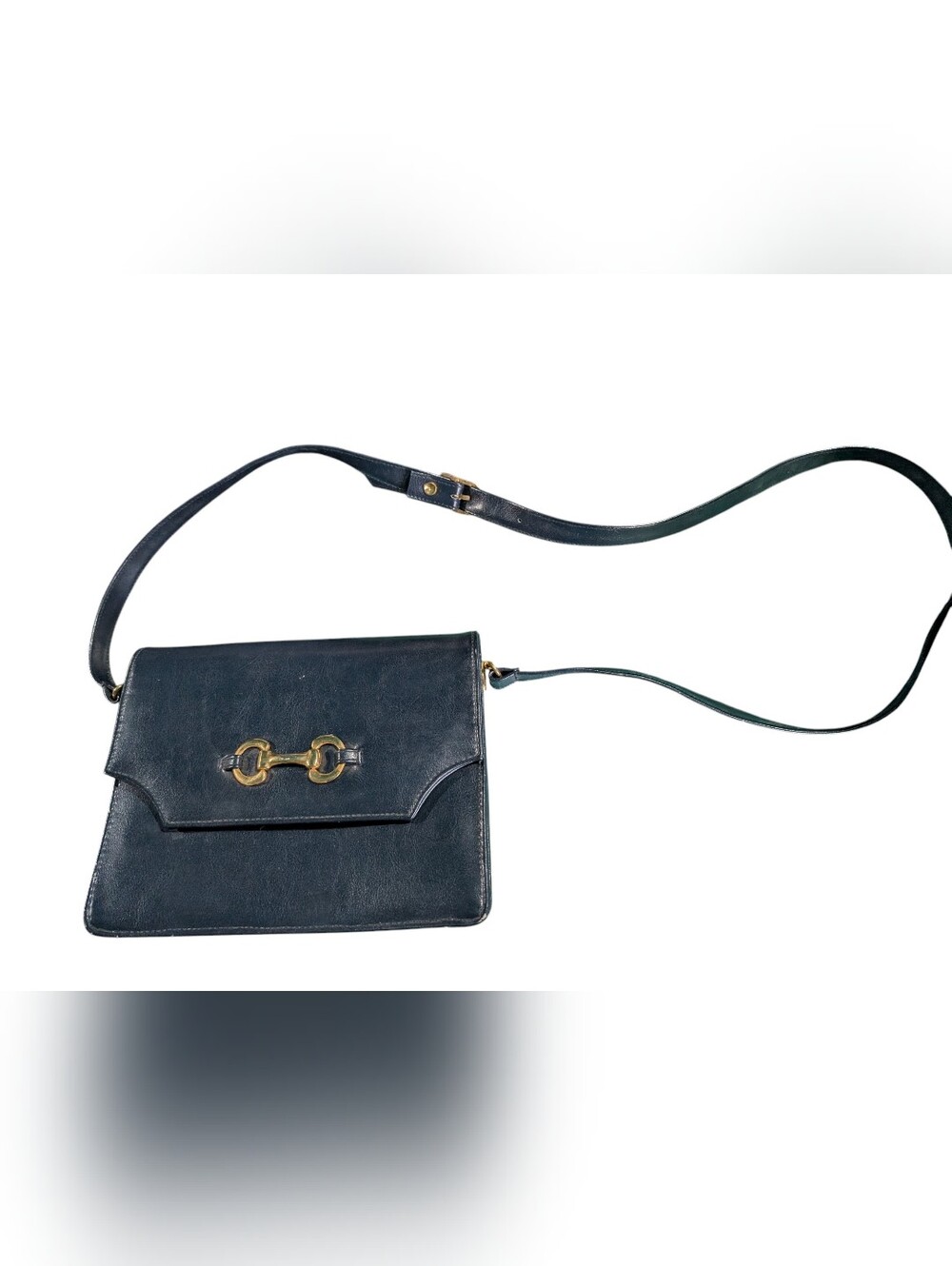 Vintage Navy Leather Shoulder Bag with Gold Hardware